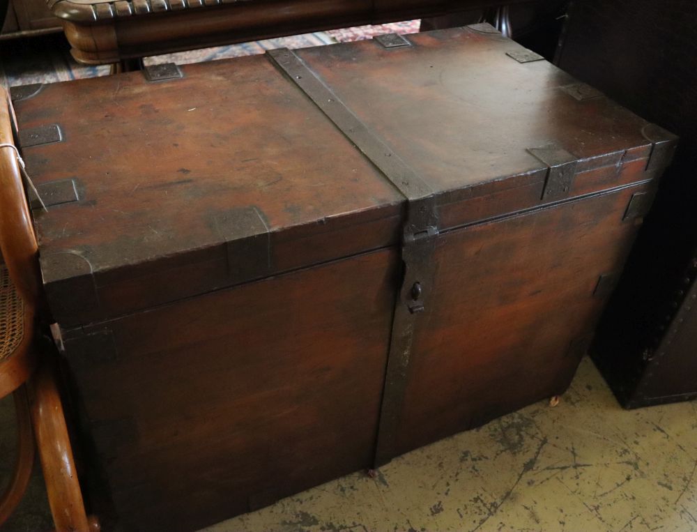 A Victorian iron bound mahogany silver chest, width 92cm depth 51cm height 61cm